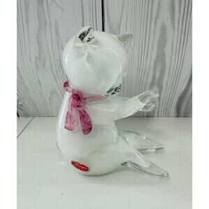 RARE Vintage Murano Cenedese Art Glass White Cat w Pink Scarf Glass Figurine